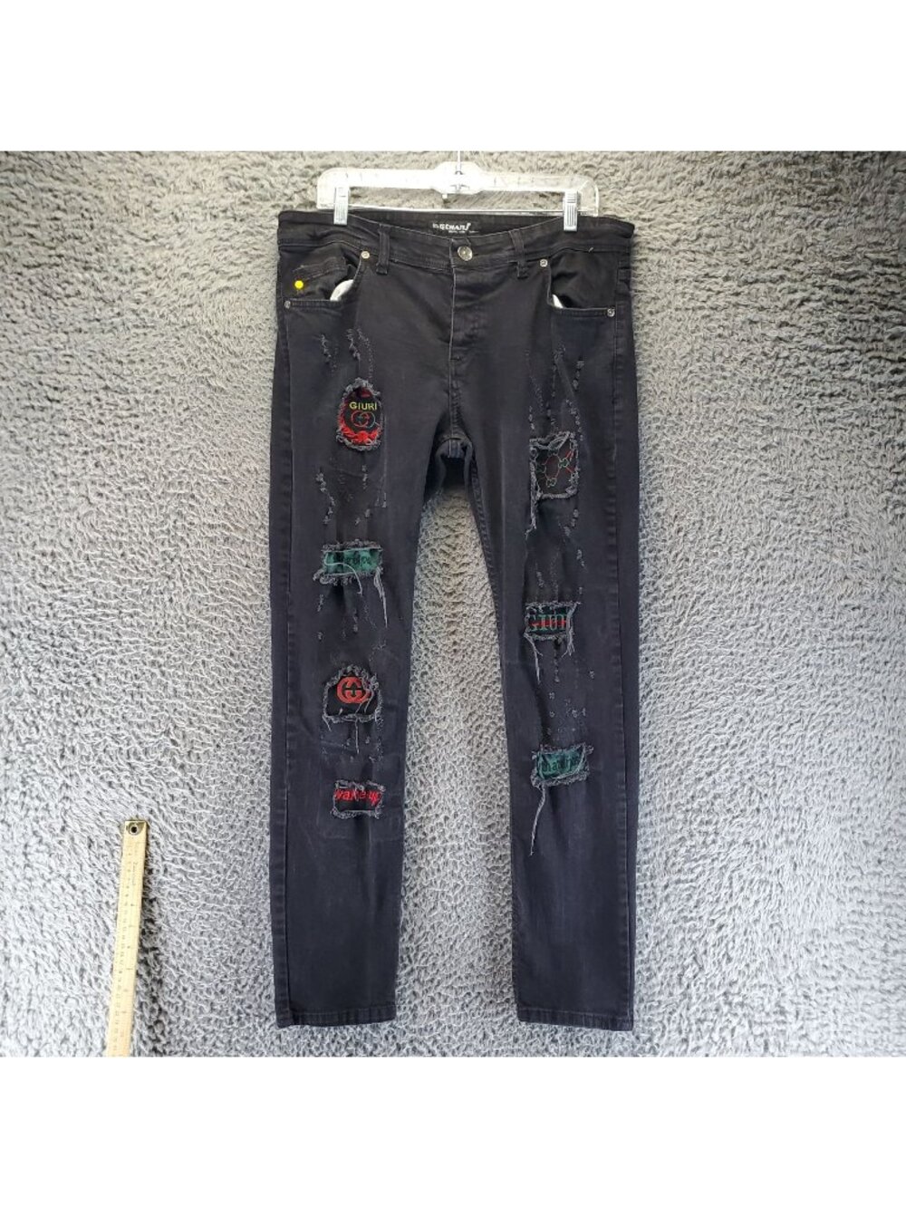 Charj Jeans Mens Size 36x30 Black Patchwork Slim Fit Stretch Denim